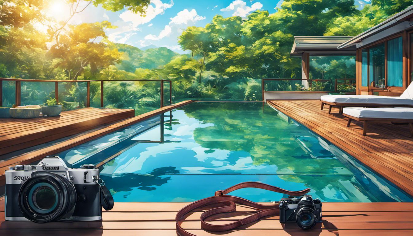 Swimming essentials and landscape photography showcase serene pool water and lush greenery.