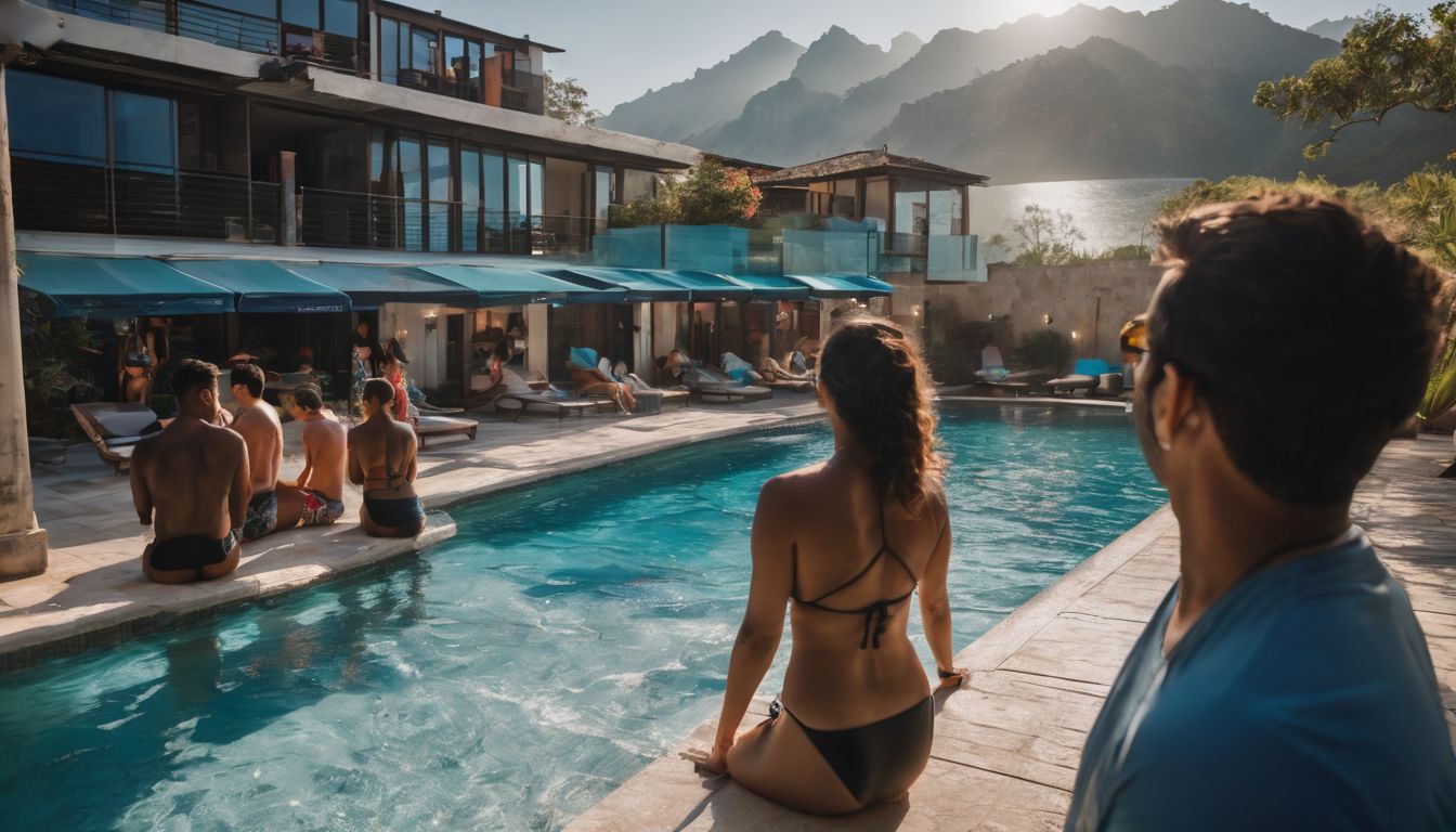 A group of adults learning to swim in a busy pool.