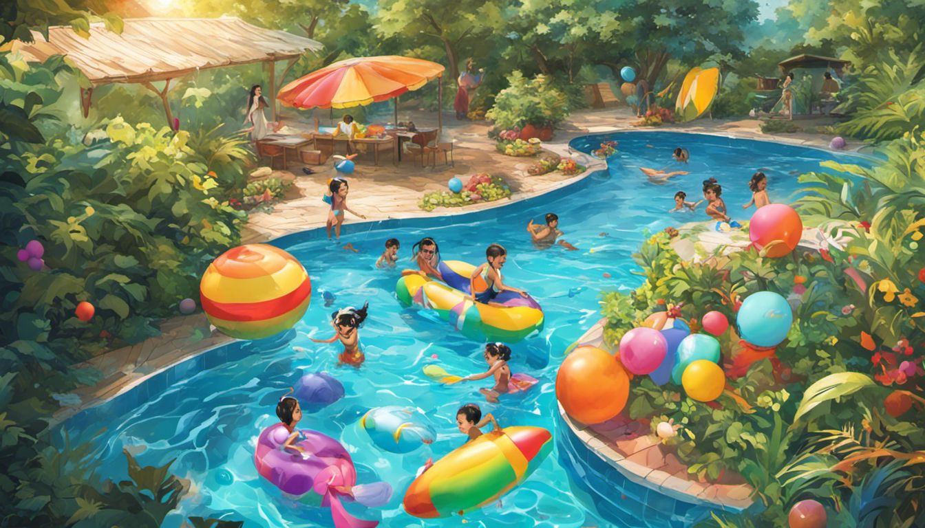 Children enjoying a vibrant swimming pool filled with toys and floats.