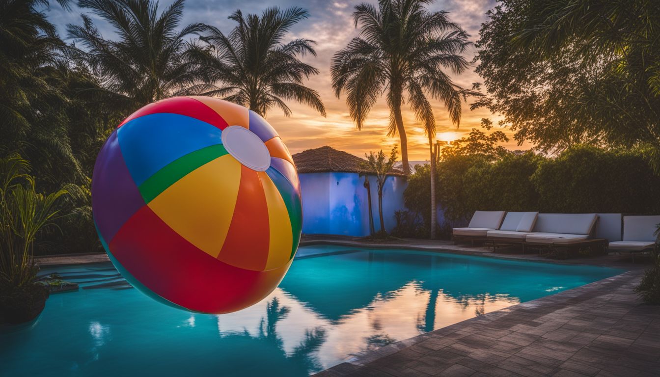 Inflatable beach ball floating in a crowded pool with diverse people.