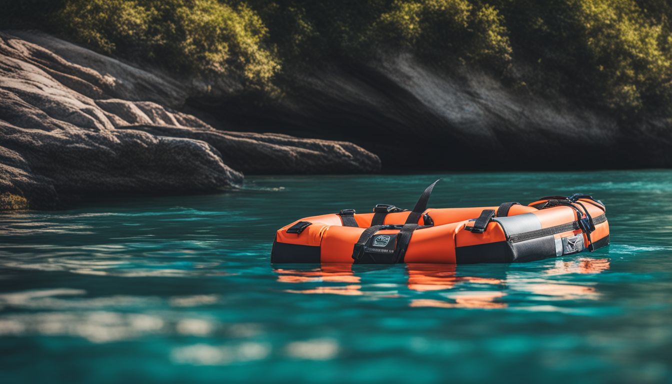 A photo of a life jacket floating on calm blue water.