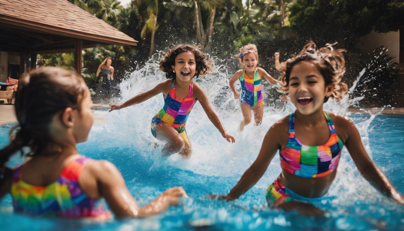 A diverse group of kids having fun in a pool.